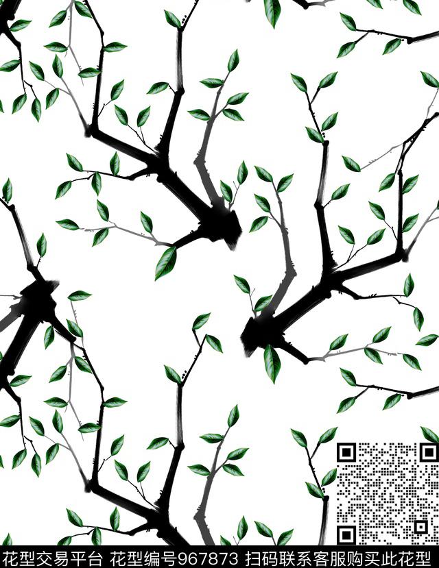 树枝水墨风水墨树数码印花华亿平台下载（图片编号: 967873） - 瓦栏（Walan）