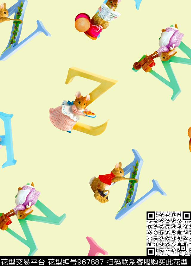 字母清爽底花卉老鼠数码印花华亿平台下载（图片编号: 967887） - 瓦栏（Walan）