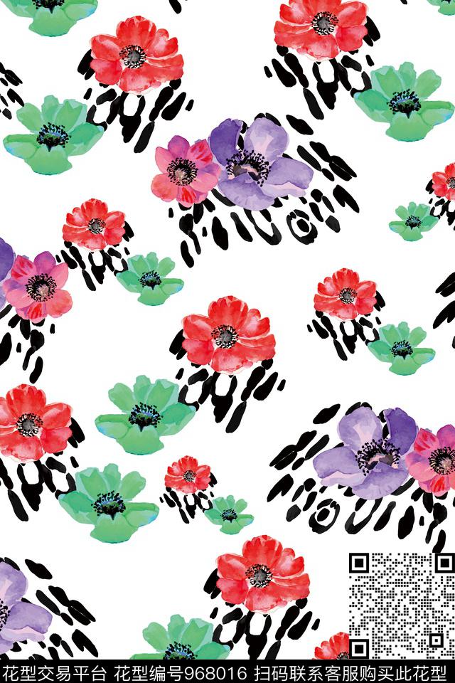数码华亿平台手绘花卉白底花数码印花华亿平台下载（图片编号: 968016） - 瓦栏（Walan）