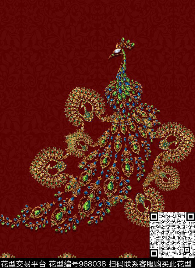 彩底花卉简欧孔雀数码印花华亿平台下载（图片编号: 968038） - 瓦栏（Walan）