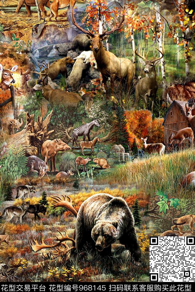 鹿动物熊数码印花华亿平台下载（图片编号: 968145） - 瓦栏（Walan）