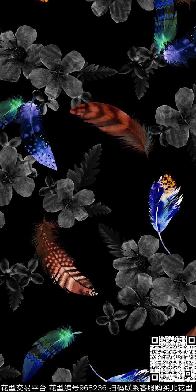 趣味抽象羽毛数码印花华亿平台下载（图片编号: 968236） - 瓦栏（Walan）