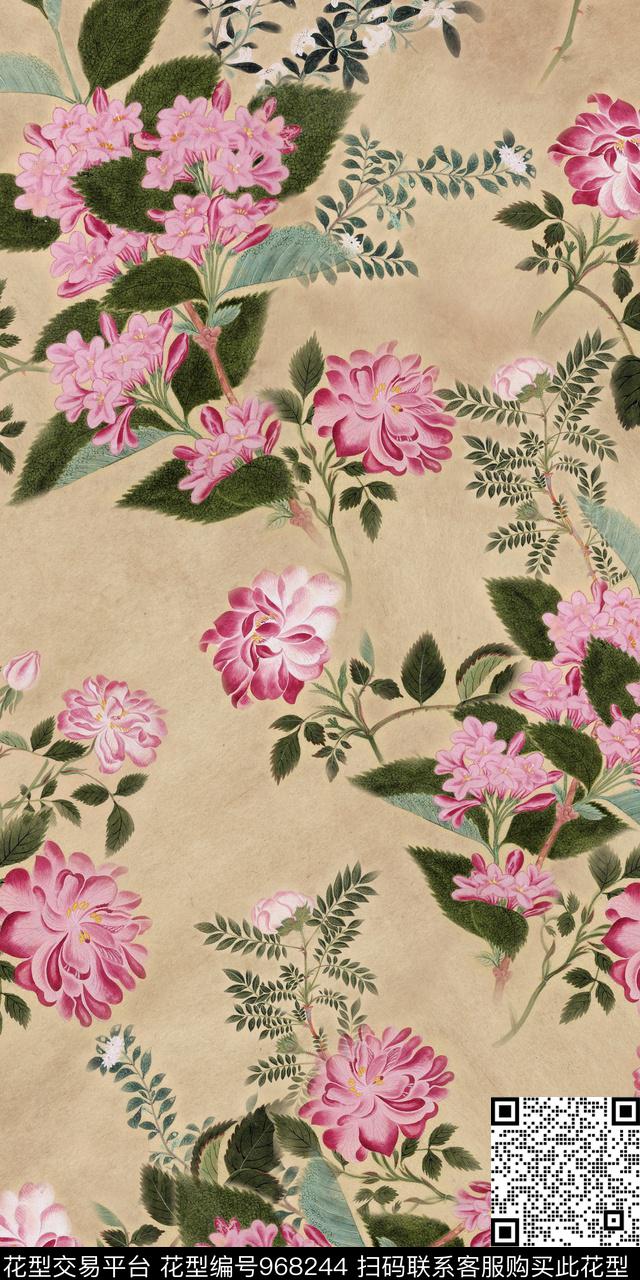 小碎花手绘花卉复古数码印花华亿平台下载（图片编号: 968244） - 瓦栏（Walan）