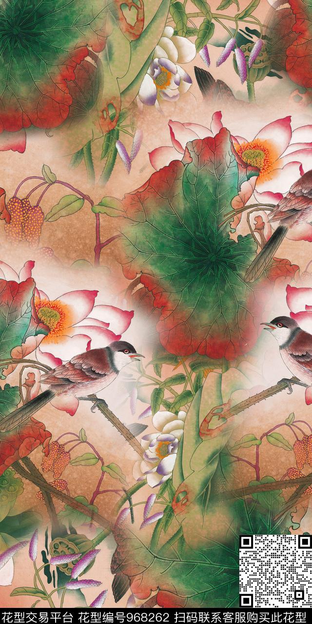 手绘花卉荷花复古数码印花华亿平台下载（图片编号: 968262） - 瓦栏（Walan）