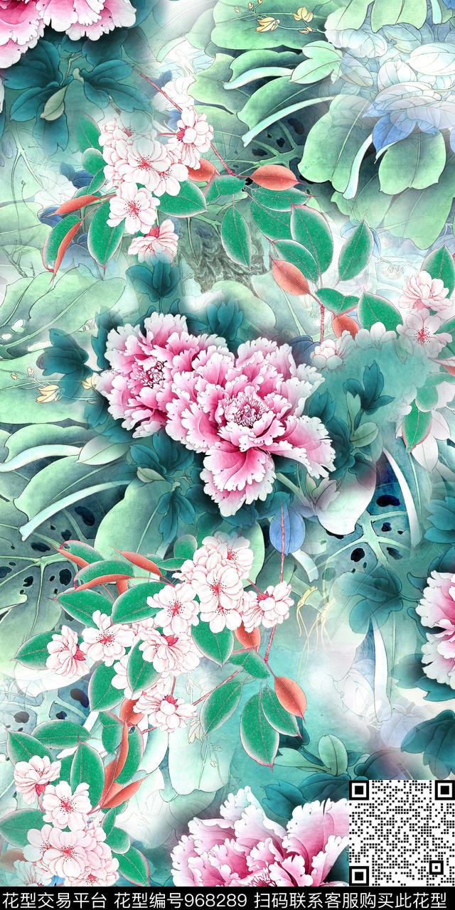 手绘花卉水墨风格牡丹数码印花华亿平台下载（图片编号: 968289） - 瓦栏（Walan）