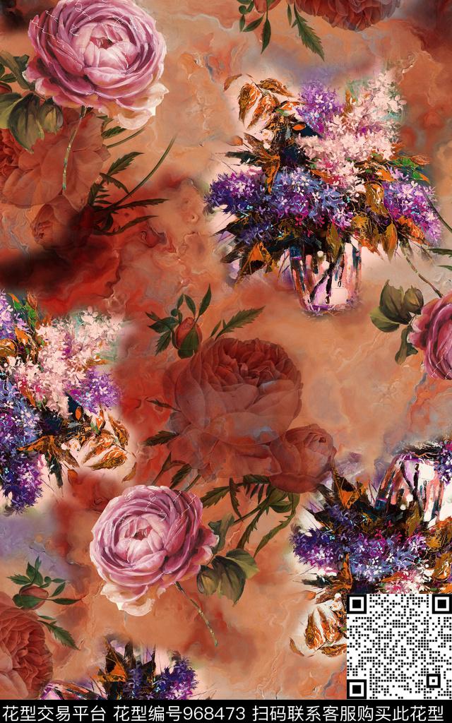 肌理花卉玫瑰花数码印花华亿平台下载（图片编号: 968473） - 瓦栏（Walan）
