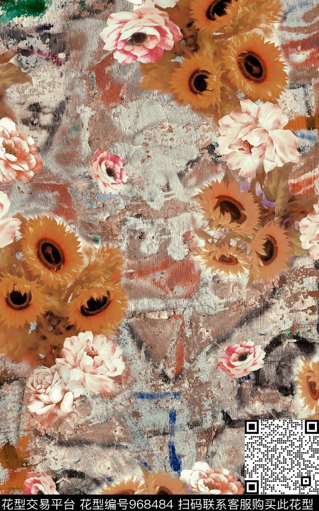 向日葵肌理花卉数码印花华亿平台下载（图片编号: 968484） - 瓦栏（Walan）