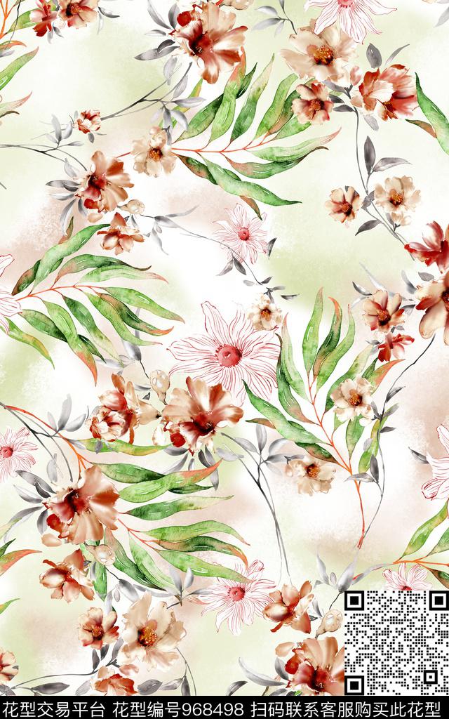 肌理线条花卉水彩花卉数码印花华亿平台下载（图片编号: 968498） - 瓦栏（Walan）