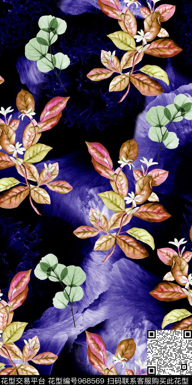 抽象花卉绿植树叶数码印花华亿平台下载（图片编号: 968569） - 瓦栏（Walan）