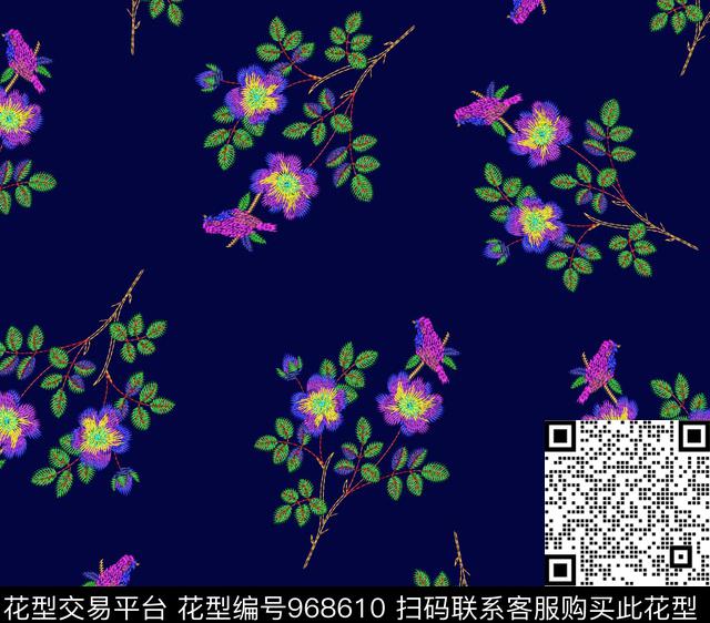 动物花卉藏青花鸟数码印花华亿平台下载（图片编号: 968610） - 瓦栏（Walan）