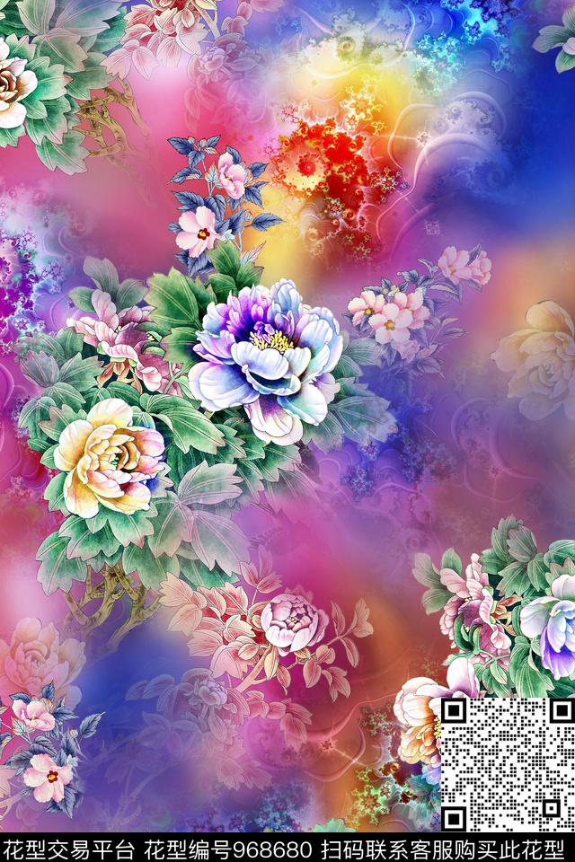 肌理花卉牡丹数码印花华亿平台下载（图片编号: 968680） - 瓦栏（Walan）