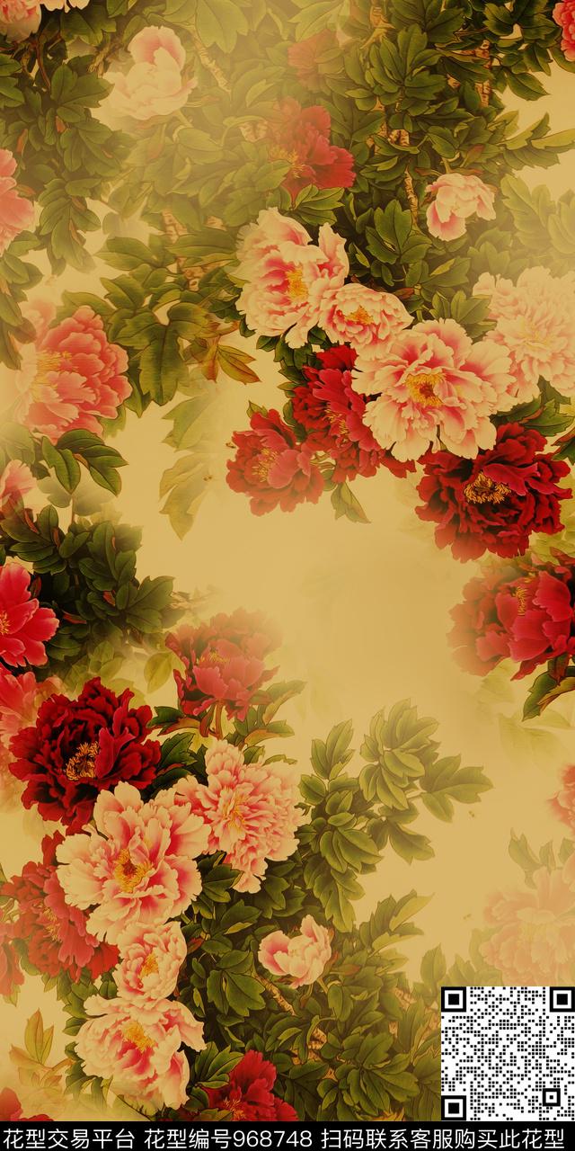 手绘花卉香云纱满版散花数码印花华亿平台下载（图片编号: 968748） - 瓦栏（Walan）