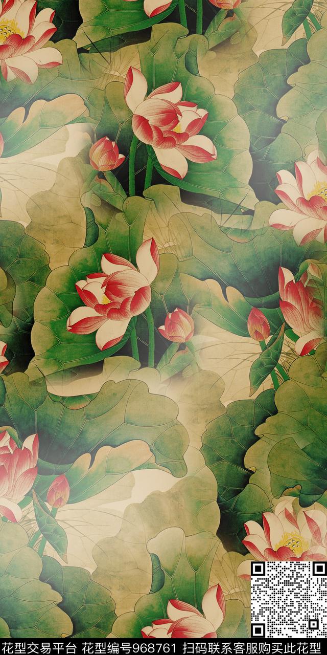 手绘花卉香云纱满版散花数码印花华亿平台下载（图片编号: 968761） - 瓦栏（Walan）