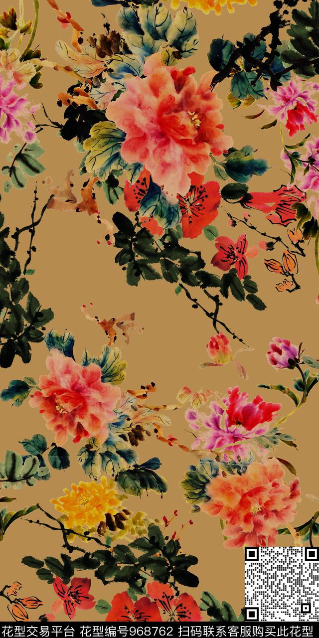 手绘花卉香云纱满版散花数码印花华亿平台下载（图片编号: 968762） - 瓦栏（Walan）