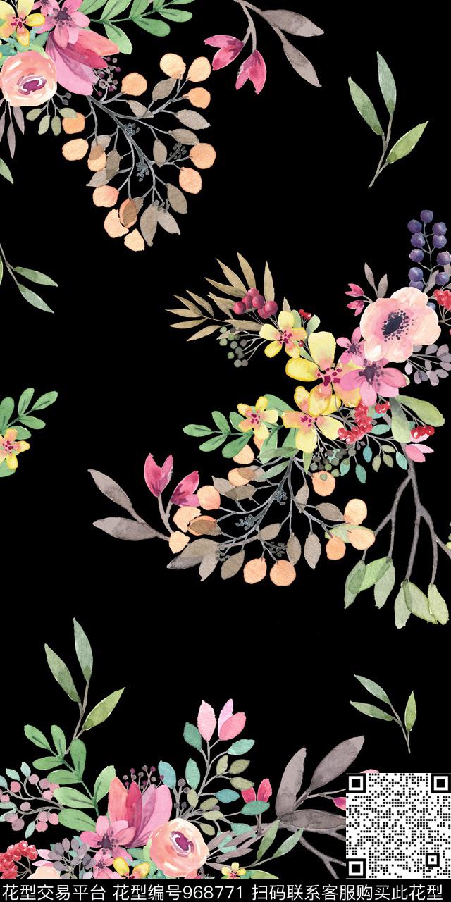 黑底花卉小碎花手绘花卉数码印花华亿平台下载（图片编号: 968771） - 瓦栏（Walan）
