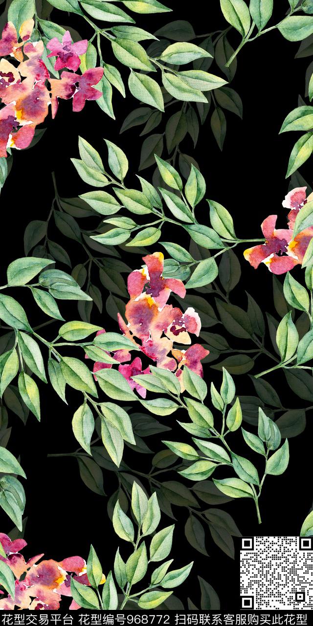 黑底花卉小碎花手绘花卉数码印花华亿平台下载（图片编号: 968772） - 瓦栏（Walan）