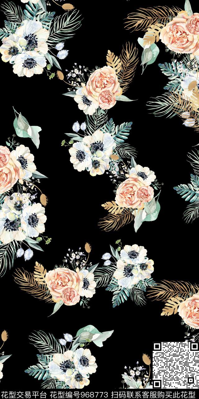黑底花卉小碎花手绘花卉数码印花华亿平台下载（图片编号: 968773） - 瓦栏（Walan）