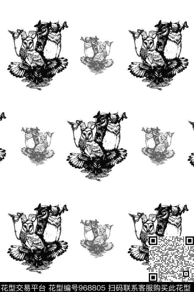 猫头鹰黑白华亿平台男装数码印花华亿平台下载（图片编号: 968805） - 瓦栏（Walan）