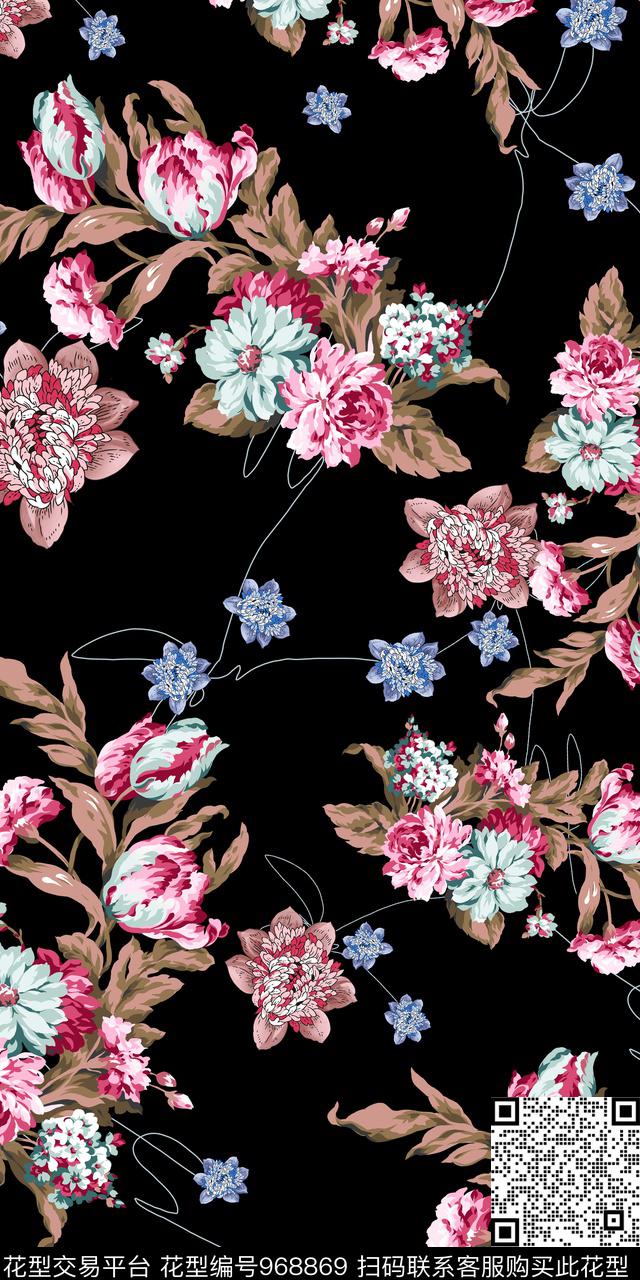 手绘花卉花卉大牌风传统印花华亿平台下载（图片编号: 968869） - 瓦栏（Walan）