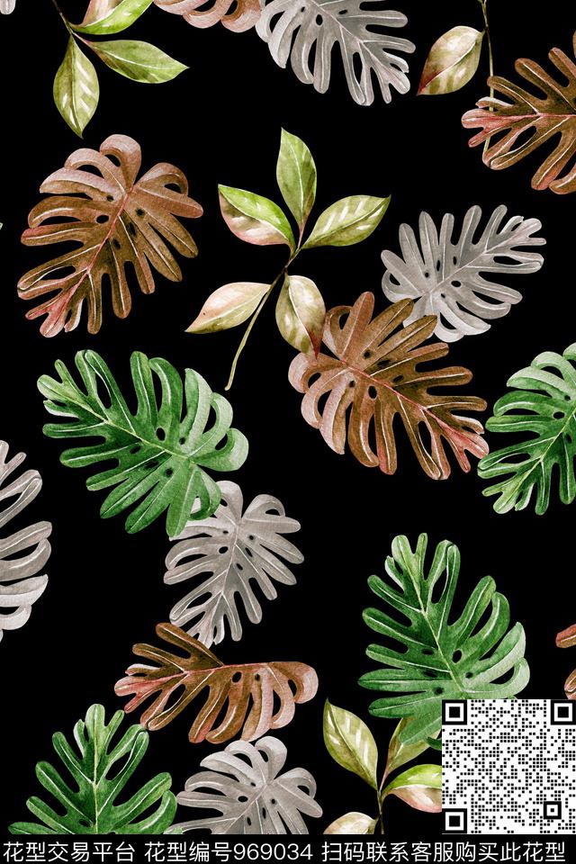 热带华亿平台绿植树叶手绘花卉数码印花华亿平台下载（图片编号: 969034） - 瓦栏（Walan）