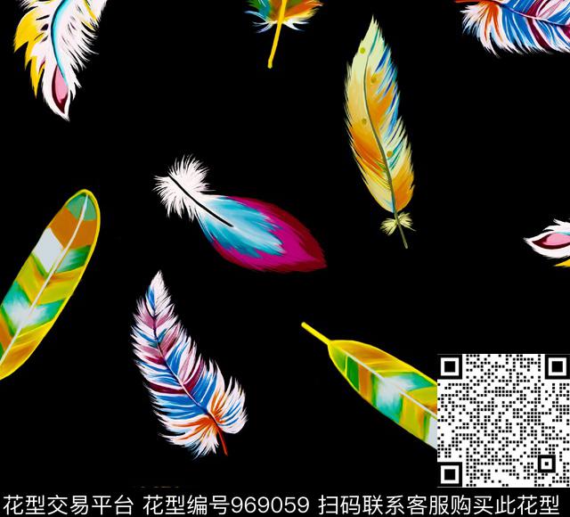 抽象时尚潮流水彩羽毛数码印花华亿平台下载（图片编号: 969059） - 瓦栏（Walan）
