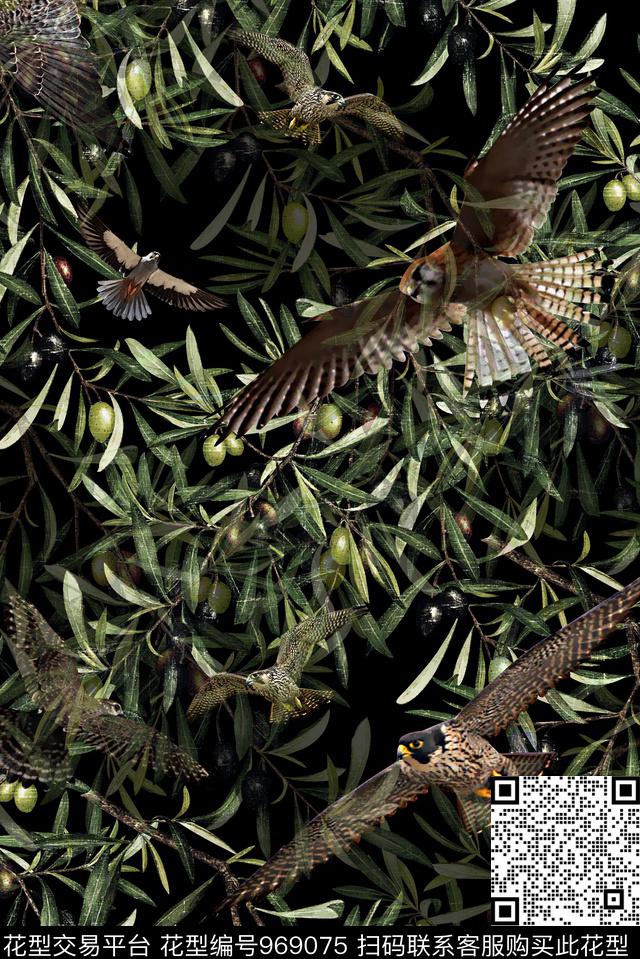 鸟树枝绿植树叶数码印花华亿平台下载（图片编号: 969075） - 瓦栏（Walan）