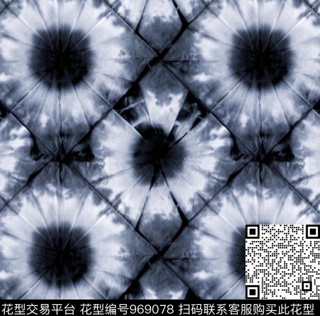 菱形手工扎染靛蓝色数码印花华亿平台下载（图片编号: 969078） - 瓦栏（Walan）