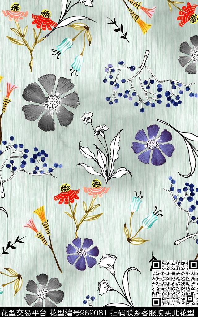 肌理线条花卉水彩花卉数码印花华亿平台下载（图片编号: 969081） - 瓦栏（Walan）