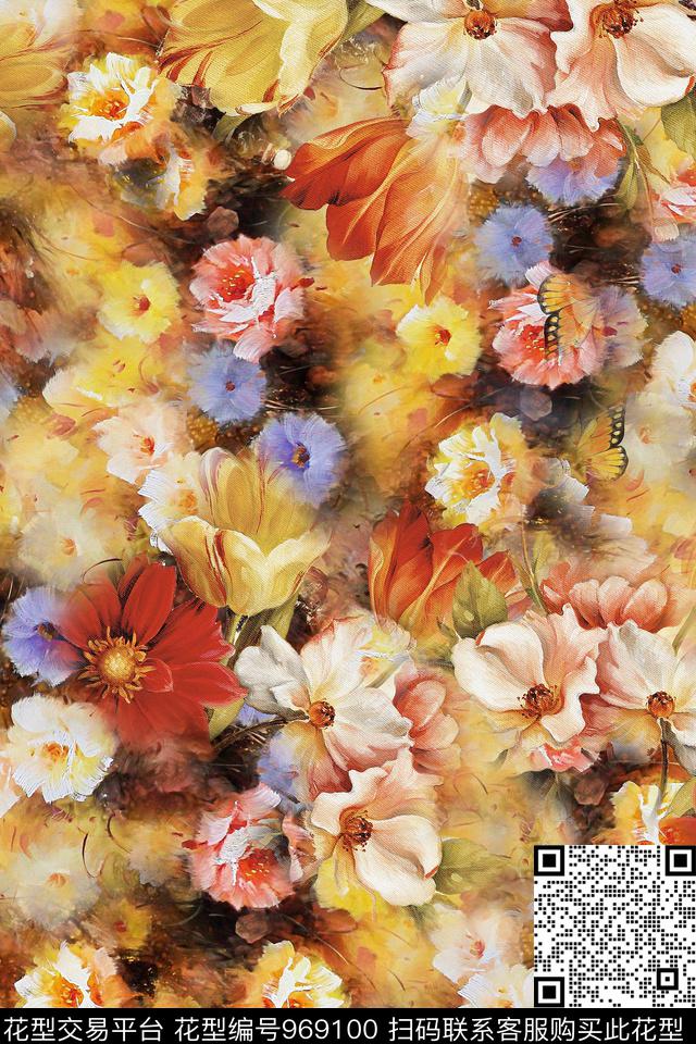 肌理抽象花卉数码印花华亿平台下载（图片编号: 969100） - 瓦栏（Walan）