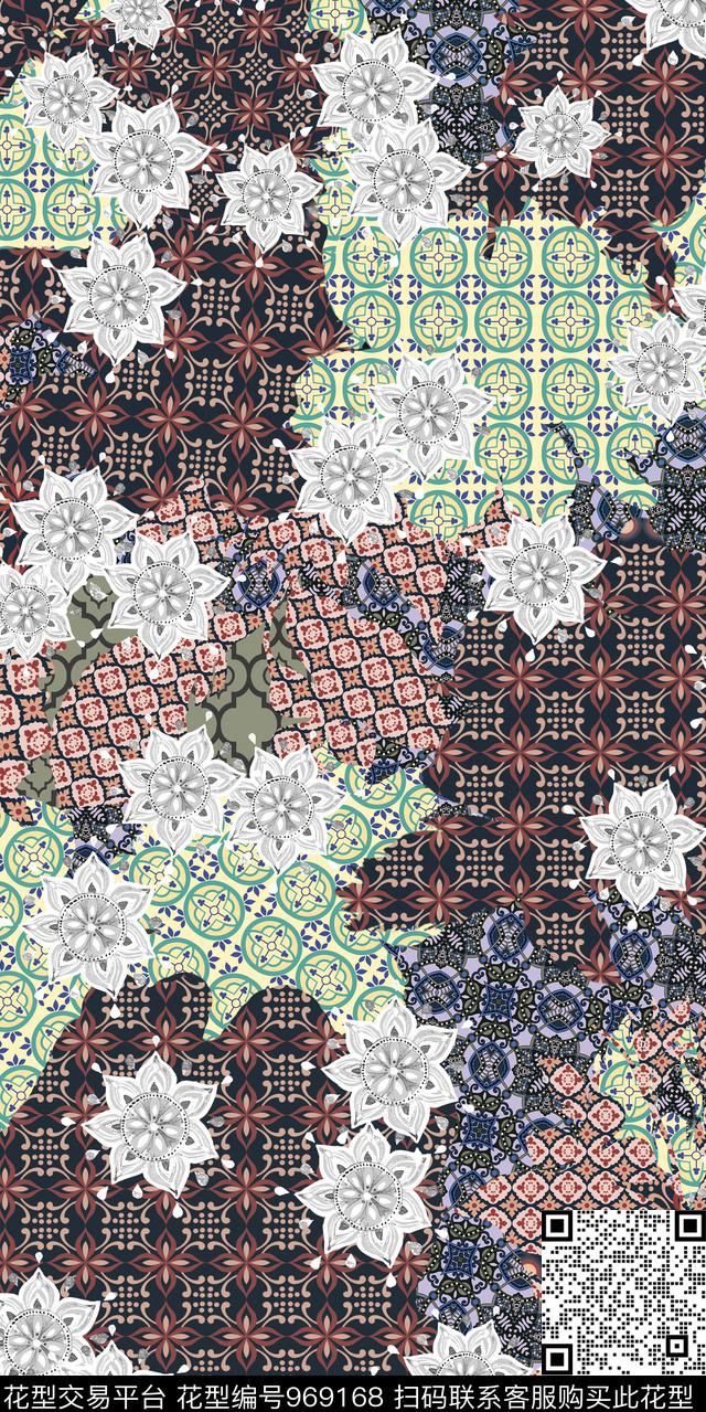 传统华亿平台花卉几何数码印花华亿平台下载（图片编号: 969168） - 瓦栏（Walan）