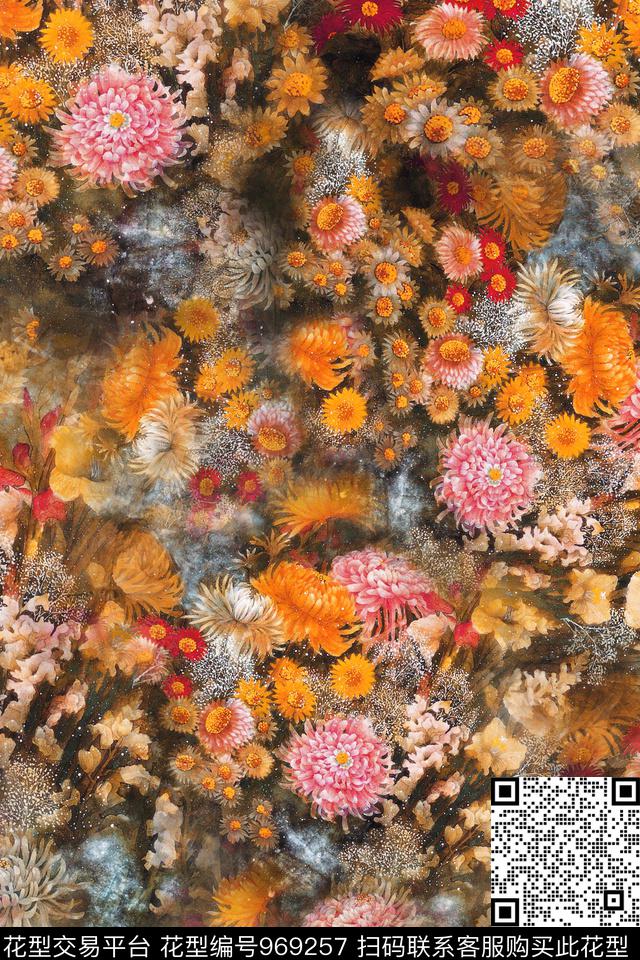 肌理手绘花卉花卉数码印花华亿平台下载（图片编号: 969257） - 瓦栏（Walan）