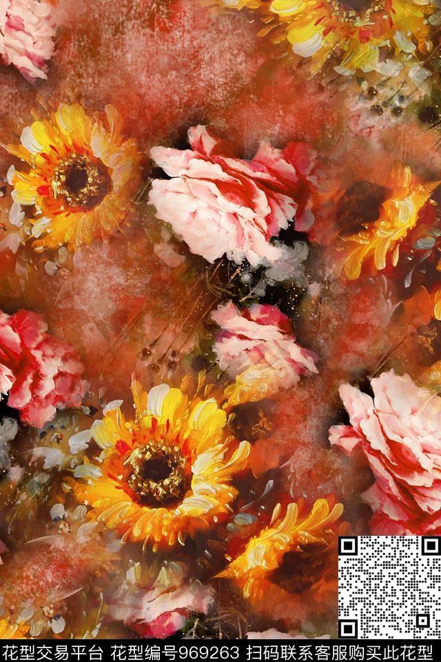 肌理手绘花卉花卉数码印花华亿平台下载（图片编号: 969263） - 瓦栏（Walan）