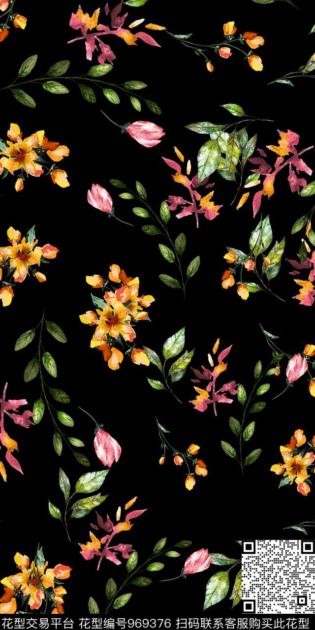 黑底花卉小碎花花卉数码印花华亿平台下载（图片编号: 969376） - 瓦栏（Walan）