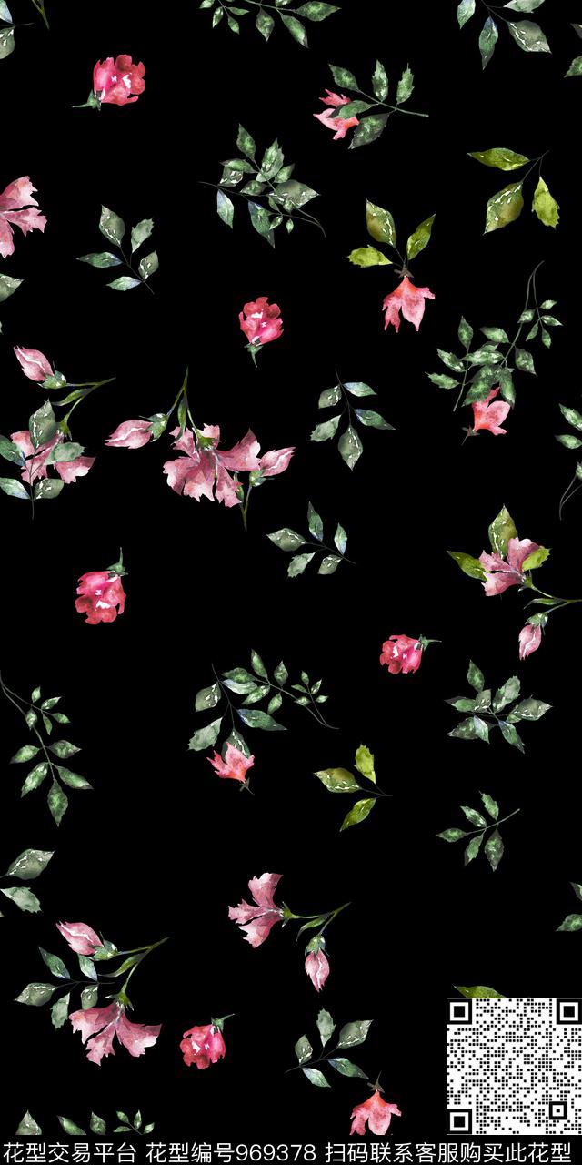 黑底花卉小碎花花卉数码印花华亿平台下载（图片编号: 969378） - 瓦栏（Walan）