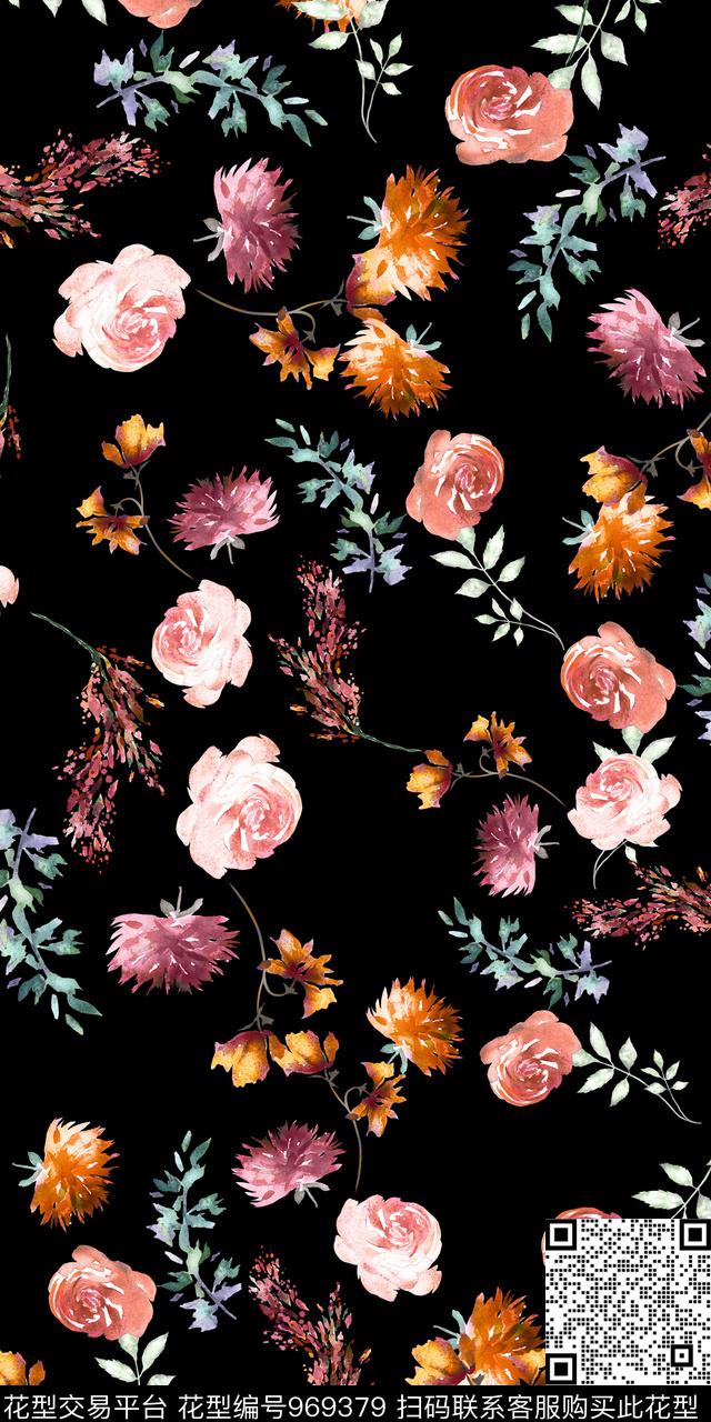 黑底花卉小碎花花卉数码印花华亿平台下载（图片编号: 969379） - 瓦栏（Walan）