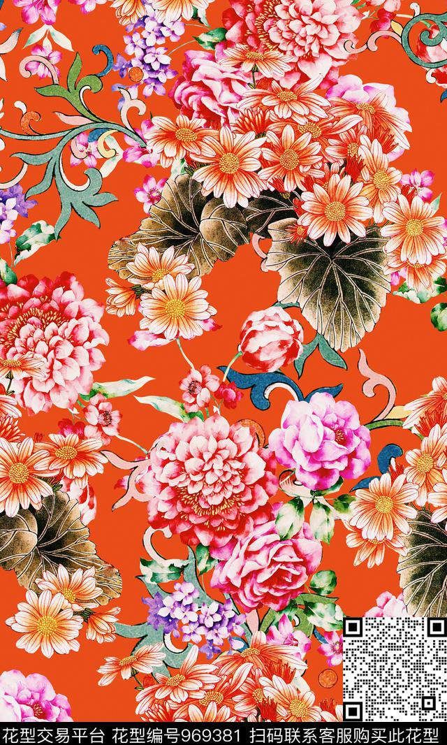 抽象花卉满版散花旗袍数码印花华亿平台下载（图片编号: 969381） - 瓦栏（Walan）