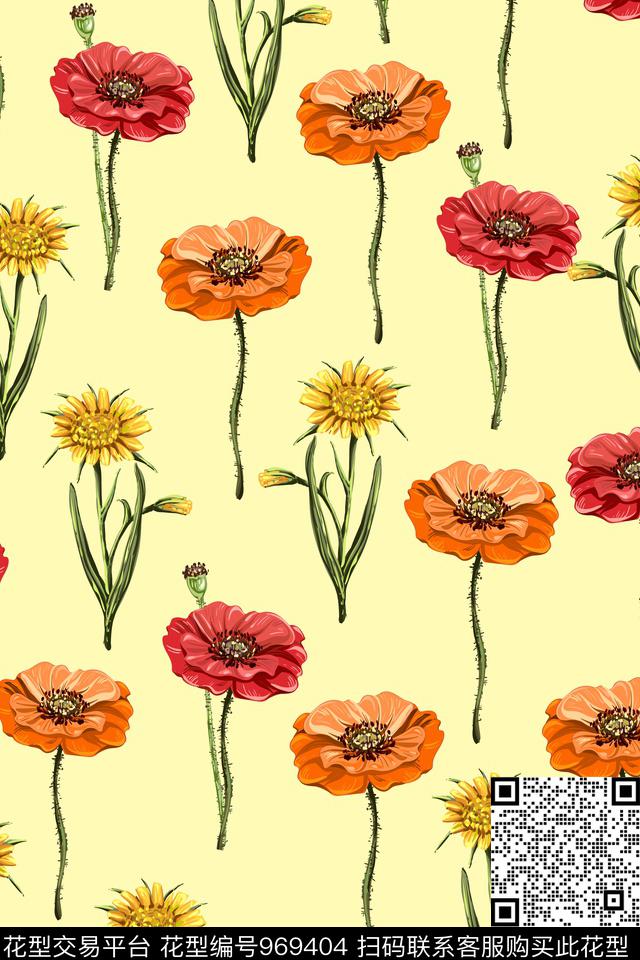 向日葵手绘花卉定位花数码印花华亿平台下载（图片编号: 969404） - 瓦栏（Walan）