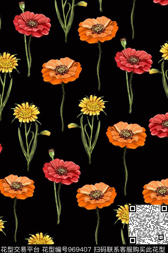 向日葵手绘花卉定位花数码印花华亿平台下载（图片编号: 969407） - 瓦栏（Walan）