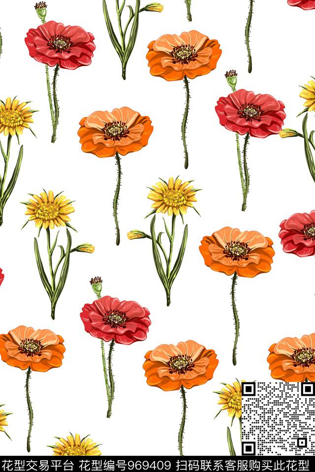 向日葵手绘花卉定位花数码印花华亿平台下载（图片编号: 969409） - 瓦栏（Walan）