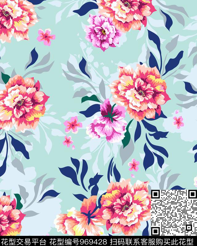 大牌风植物时尚清新花卉数码印花华亿平台下载（图片编号: 969428） - 瓦栏（Walan）