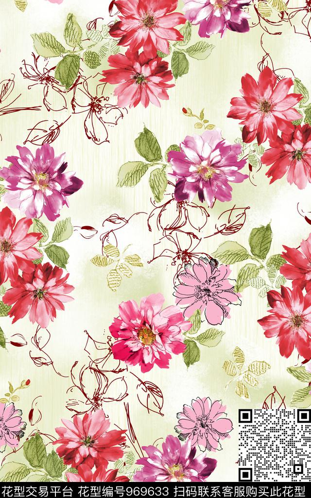 数码华亿平台线条水彩花卉数码印花华亿平台下载（图片编号: 969633） - 瓦栏（Walan）
