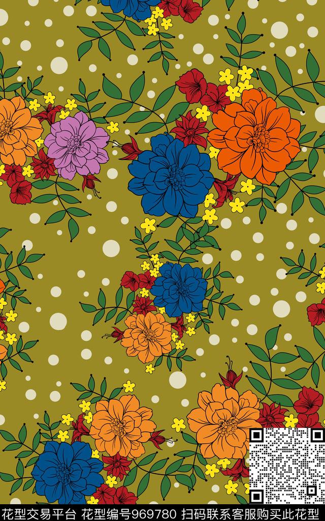 波点抽象花卉传统印花华亿平台下载（图片编号: 969780） - 瓦栏（Walan）