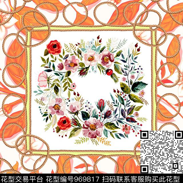 方巾链条植物数码印花华亿平台下载（图片编号: 969817） - 瓦栏（Walan）