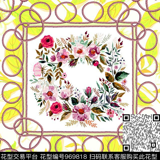 方巾链条植物数码印花华亿平台下载（图片编号: 969818） - 瓦栏（Walan）