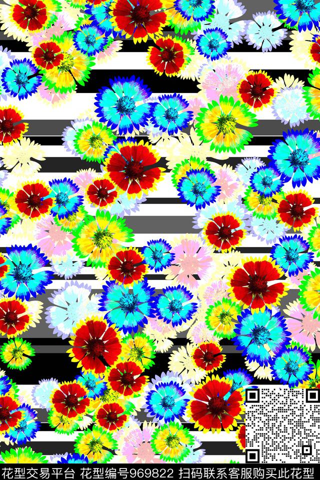 黑白条纹花卉时尚初夏花卉数码印花华亿平台下载（图片编号: 969822） - 瓦栏（Walan）