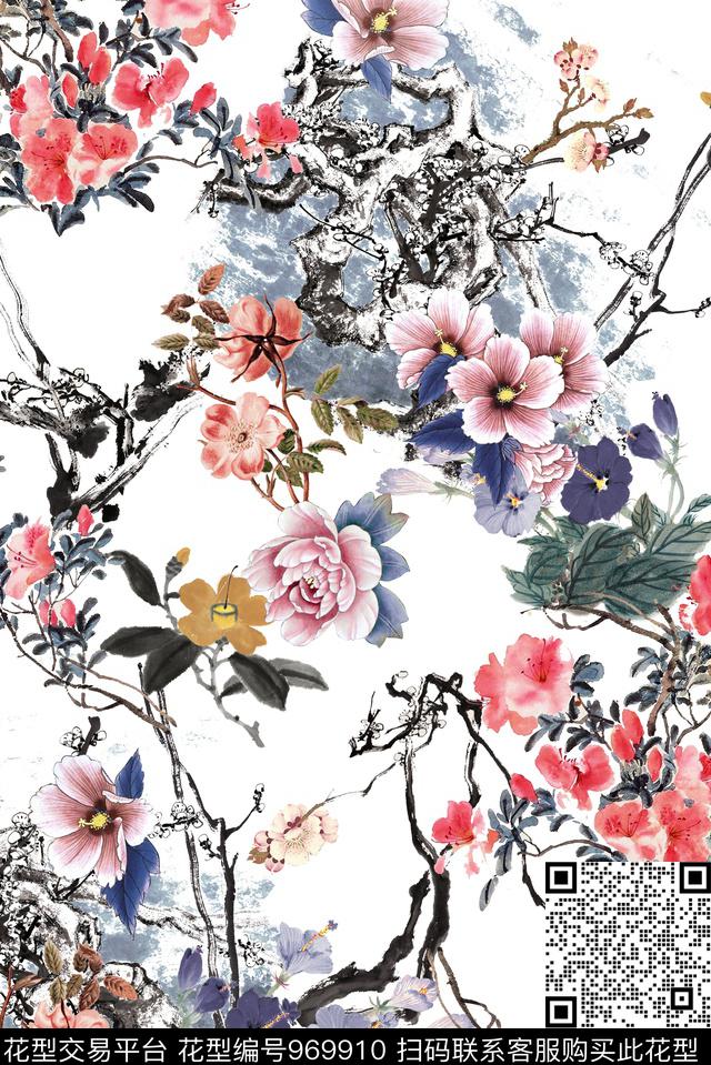 花卉中国风清爽底花卉数码印花华亿平台下载（图片编号: 969910） - 瓦栏（Walan）