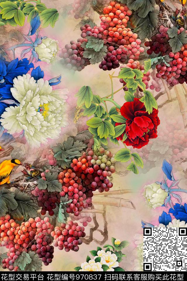 花卉牡丹中国风数码印花华亿平台下载（图片编号: 970837） - 瓦栏（Walan）