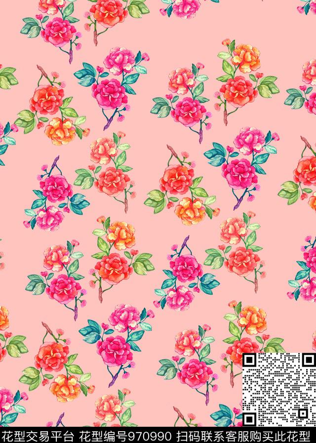 小碎花花卉手绘花卉数码印花华亿平台下载（图片编号: 970990） - 瓦栏（Walan）