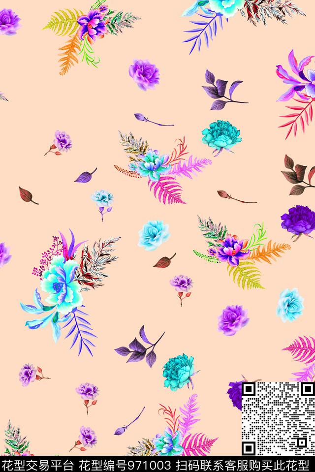 小碎花花卉手绘花卉数码印花华亿平台下载（图片编号: 971003） - 瓦栏（Walan）