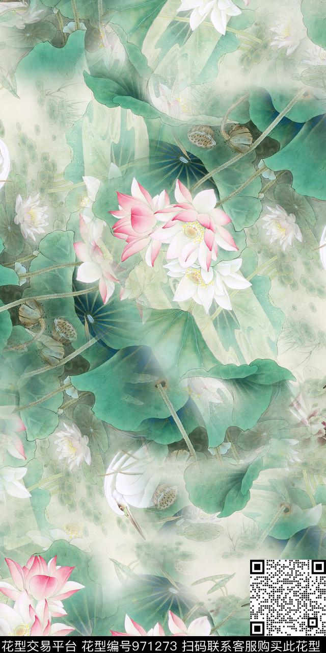 手绘花卉真丝荷花数码印花华亿平台下载（图片编号: 971273） - 瓦栏（Walan）